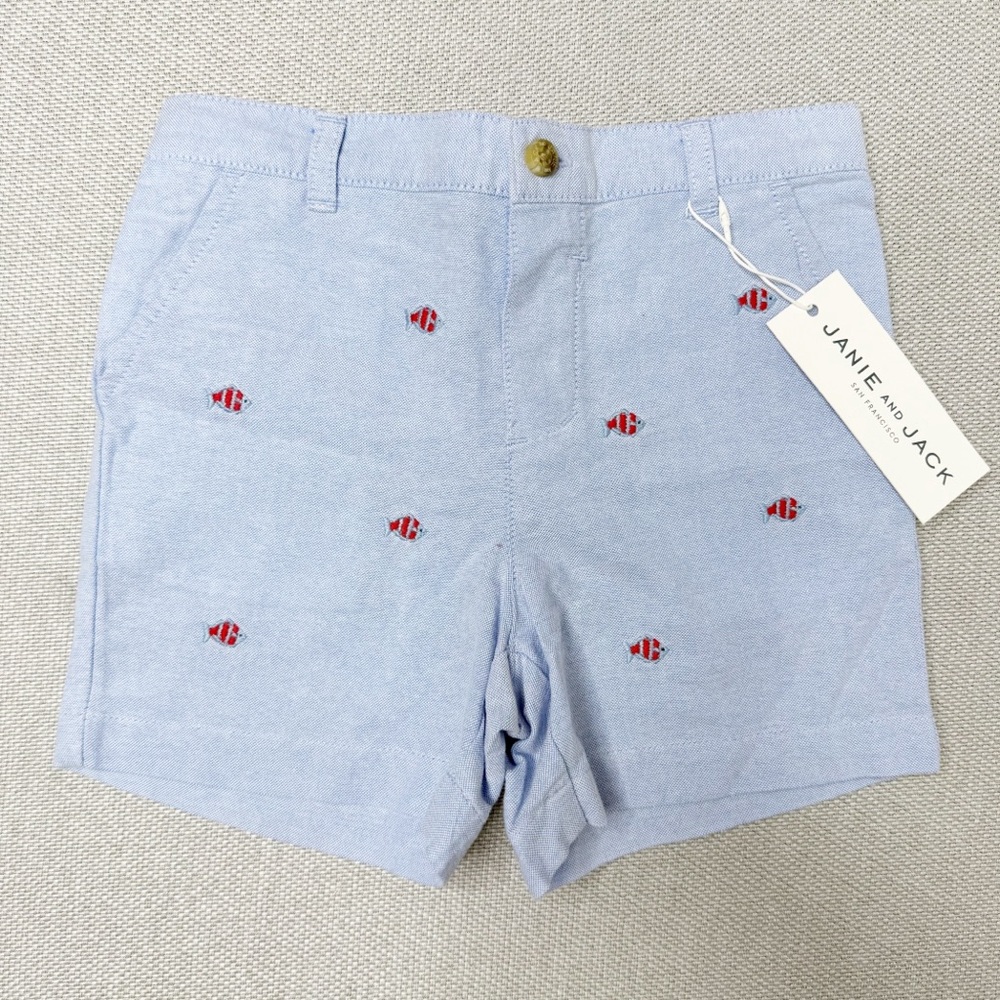 Janie and Jack Light Blue Chino Shorts Fish Embroidered Size 18-24‎ Months NWT